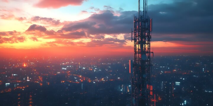Communication tower silhouetted against a breathtaking sunset sky,symbolizing the power of technology,connectivity,and global communication, Generative Ai