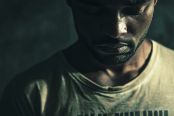 Close-up of a man's face, eyes closed, looking downcast