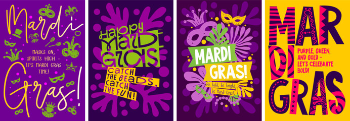 Mardi Gras poster with a bold design featuring vibrant masks, festive colors, and playful lettering. Perfect for carnival celebrations.