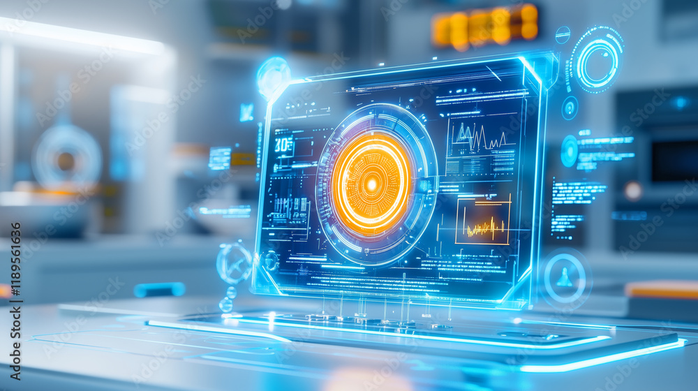 Poster advanced holographic interface displayed in a modern workspace