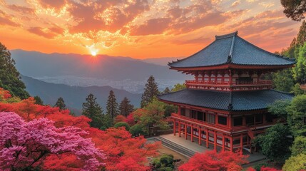 Fototapeta premium Sunset over a vibrant temple nestled in mountains.