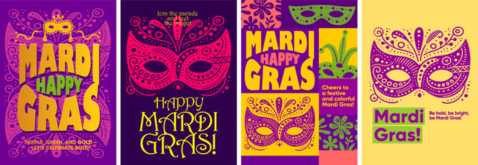 Playful Mardi Gras poster with festive masks, beads, and bold lettering in vibrant purple, green, and yellow, perfect for carnival festivities. © Molibdenis-Studio