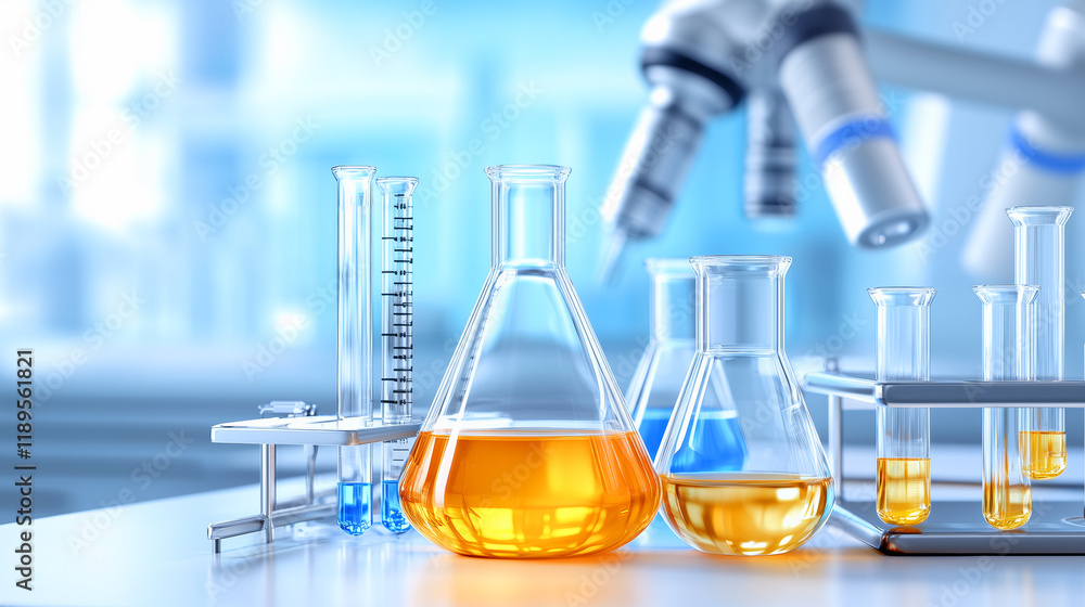 Poster laboratory setup with glassware and microscope for experiments