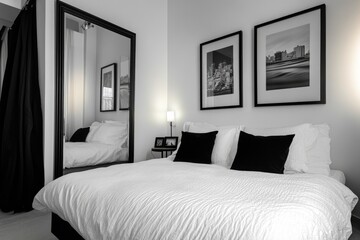 Cozy Bedchamber Interior Featuring King-Size Bed, Stylish Mirror, and Black & White Wall Photography