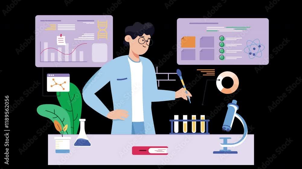 Poster an asian scientist conducting experiments in a lab environment, showcasing various scientific elemen