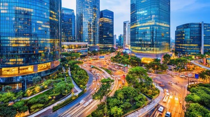 Fototapeta premium Cityscape twilight, highway intersection, modern architecture, busy street