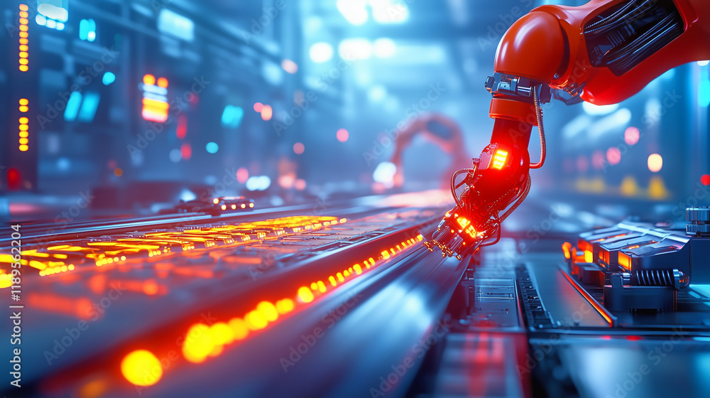 Poster robotic arm engaging in automated manufacturing process