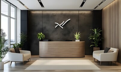 office wooden lobby waiting room for company wall logo mockup, Generative Ai