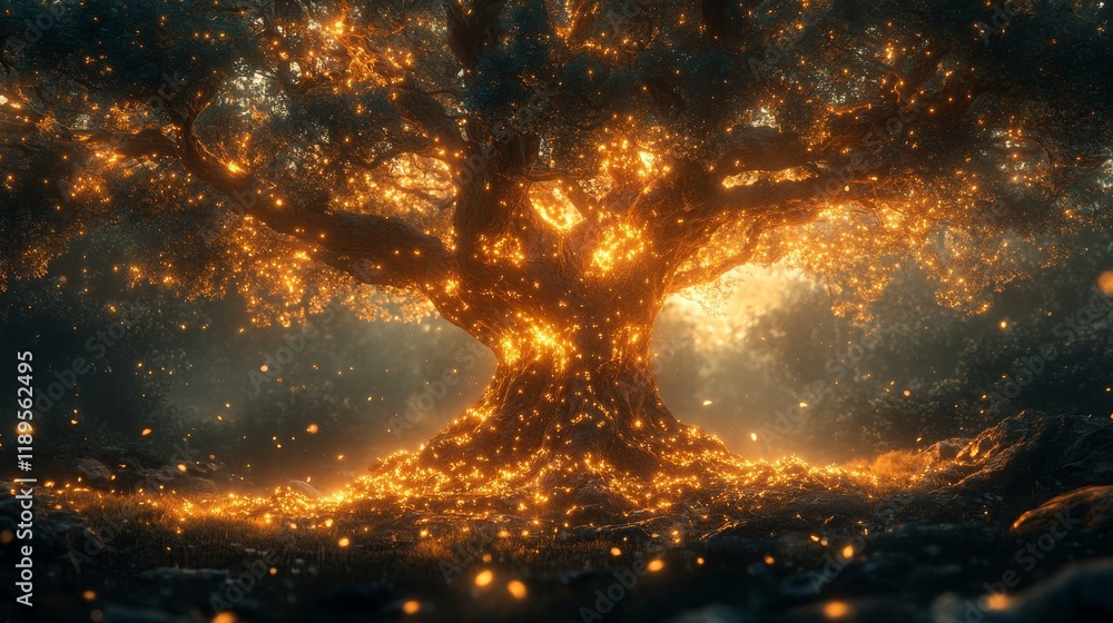 Poster mesmerizing glowing tree illuminated by countless lights at dusk in a mystical forest