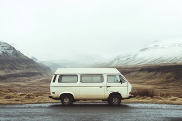 Obraz premium White Van Journey: Exploring the Majestic Valleys and Mountains of Iceland on a Scenic Road Trip