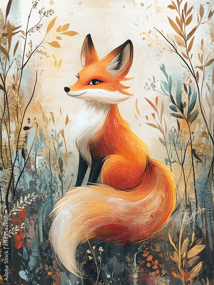 Poster whimsical fox illustration in an artistic forest setting with autumn tones