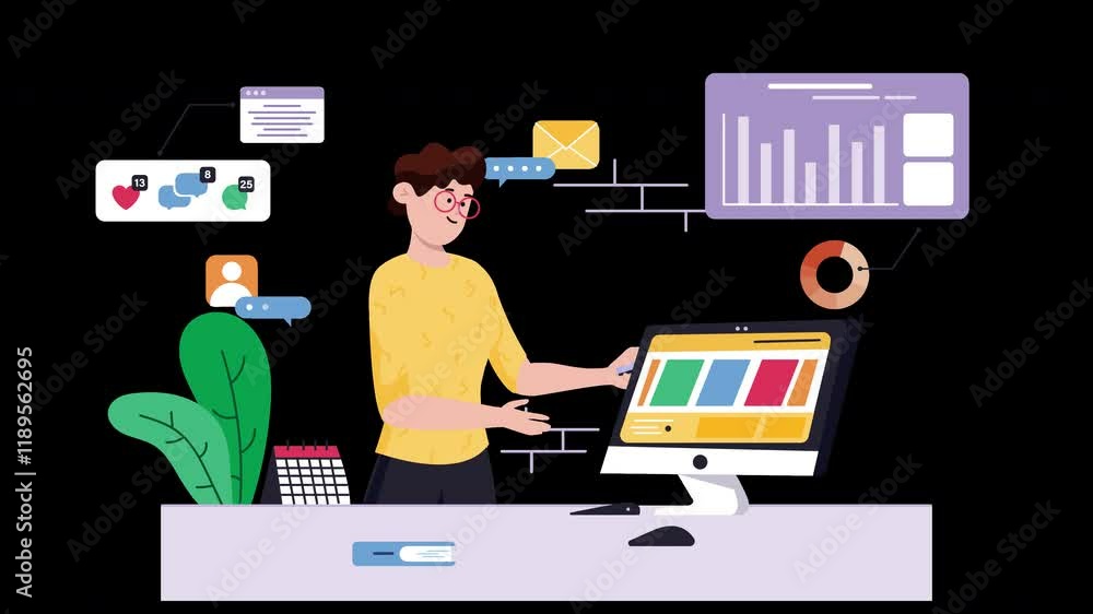 Poster a person with curly hair working on a computer, analyzing data in a modern office setting.