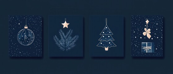 four holiday cards with christmas decorations on blue background