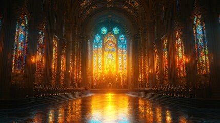 A grand cathedral interior illuminated by colorful stained glass windows.