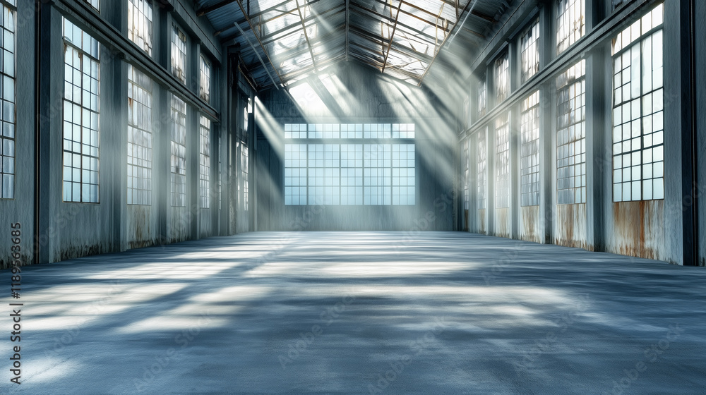 Poster sunlight streaming through windows in an empty industrial space