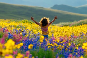 Fototapeta premium Joyful Child Running Through Vibrant Wildflower Field at Sunset