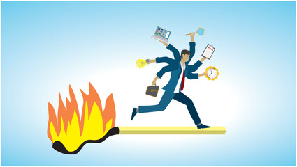 Man running at burning match stick, tryging to do everything. Stressful sitiation and deadline. Dimension 16:9. Vector illustration.