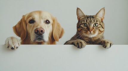 a golden retriever and a tabby cat looking over a white surface