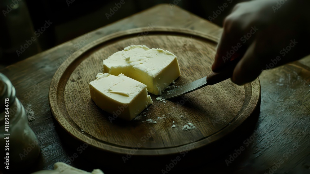 Aufkleber close-up of hand slicing block of butter on rustic wooden board.