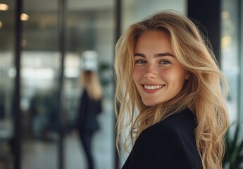 Fototapeta premium Portrait of a smiling business woman with blonde hair in a modern office, wearing a black blazer and looking at the camera. 