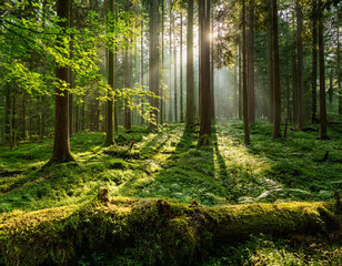 A lush green forest with sunlight filtering through the trees creating a magical atmosphere.