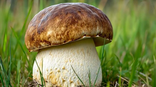 Noble royal mushroom rising from lush grass in a serene natural setting, Bottom up view A noble, royal mushroom White mushroom boletus