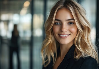 Fototapeta premium Portrait of a smiling business woman with blonde hair in a modern office, wearing a black blazer and looking at the camera. 