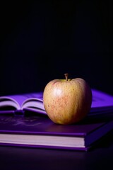 Moody Apple on Purple Book Against Dark Background