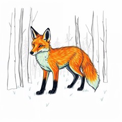 Whimsical Red Fox Illustration in Sparse Winter Forest
