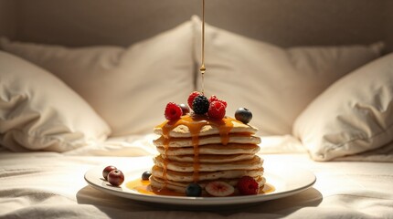 Indulgent Berry-Topped Pancakes Served in Cozy Bed Setting