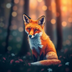 Alert Red Fox in Ethereal Golden-lit Forest with Wildflowers