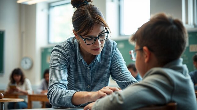 Caring Teacher Supporting Student with Gentle Touch in Classroom