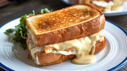 Close-Up of a Classic French Toast, Golden Toasted Bread with Oozing Cheese and Green Salad