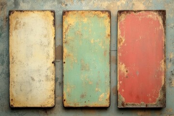 three weathered metal signs on a wall