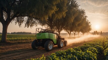 Fototapeta premium Generative AI image of unmanned robot herbicide sprayer working in agricultural field during evening against sunset sky and green trees in countryside 