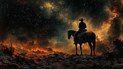 Fototapeta premium Cowboy silhouetted on horseback against fiery, star-filled sky.