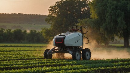 Obraz premium Generative AI image of unmanned robot herbicide sprayer working in agricultural field during evening against sunset sky and green trees in countryside 