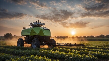 Fototapeta premium Generative AI image of unmanned robot herbicide sprayer working in agricultural field during evening against sunset sky and green trees in countryside 
