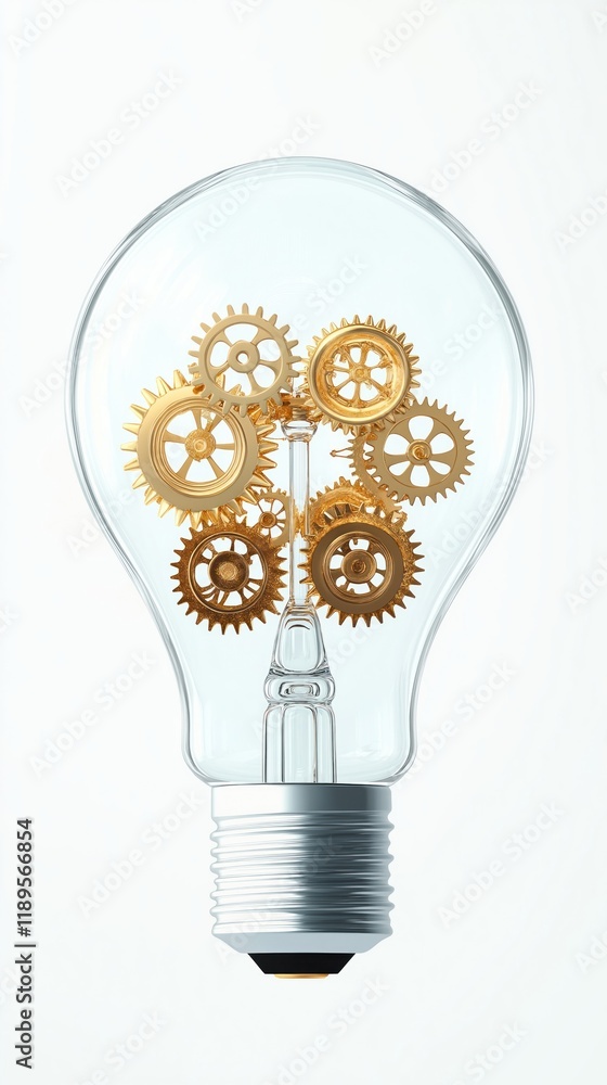 Poster innovative lightbulb design features intricate gears inside. golden gears rotate within clear bulb. 