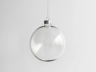 A clear glass christmas ornament hangs against a white background.