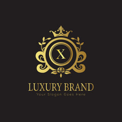 Letter luxury gold logo concept brand logo design with a royal gold crown emblem and elegant typography
