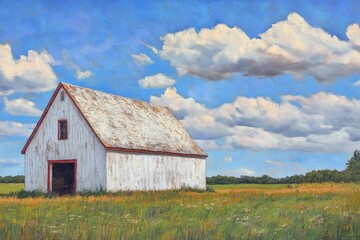 Obraz premium Classic Rural White Barn with Red Accents Surrounded by Lush Greenery and Blue Skies, Captured in Vibrant Daylight