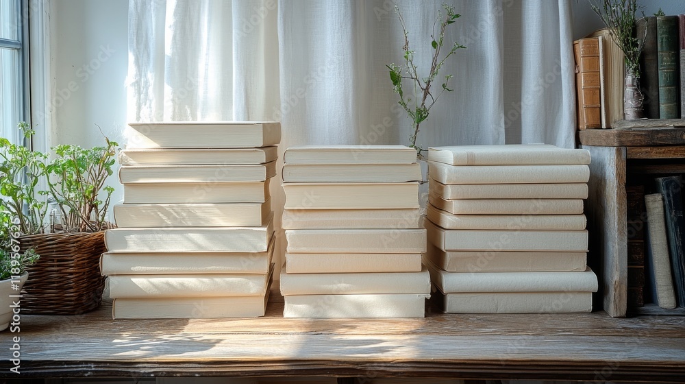 Poster stacked sheets of blank paper on a table in a bright workspace during day