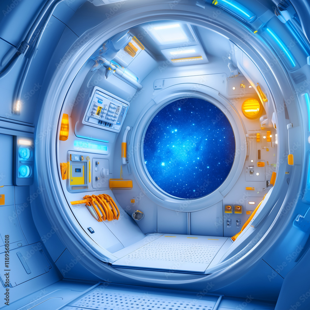 Poster interior view of a futuristic spaceship bridge in space