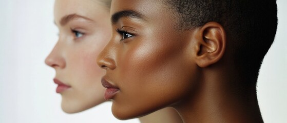 two people in profile posing together against a white background