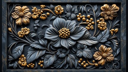 Ornate floral relief with intricate patterns and gold accents.