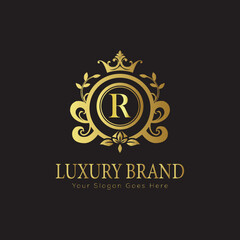 Letter luxury gold logo concept brand logo design with a royal gold crown emblem and elegant typography
