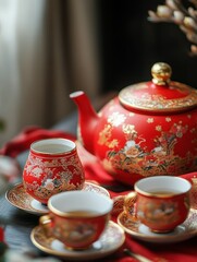 Red tea set with gold detailing, close-up.
