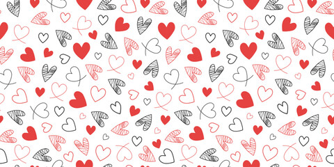 Set of cute hearts, drawings. Repeating pattern. Hand drawn linear vector icons, doodle. Valentine's Day seamless background.