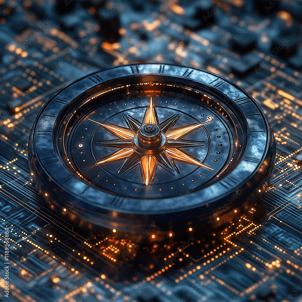 Poster futuristic compass with glowing golden star. tech device for navigation, guidance. digital compass o